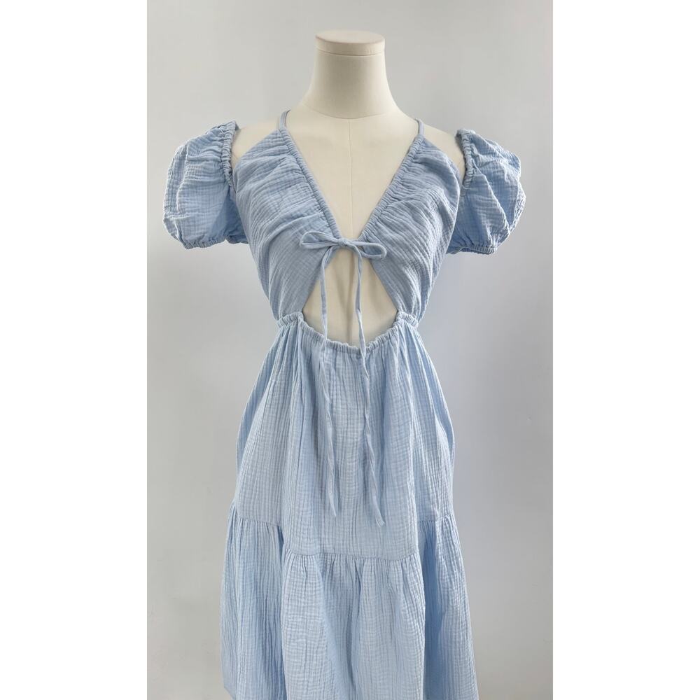 Emilia George Blue Amelia Dress Blue Cotton Gauze Cut Out Tie Puff Mini L NWT